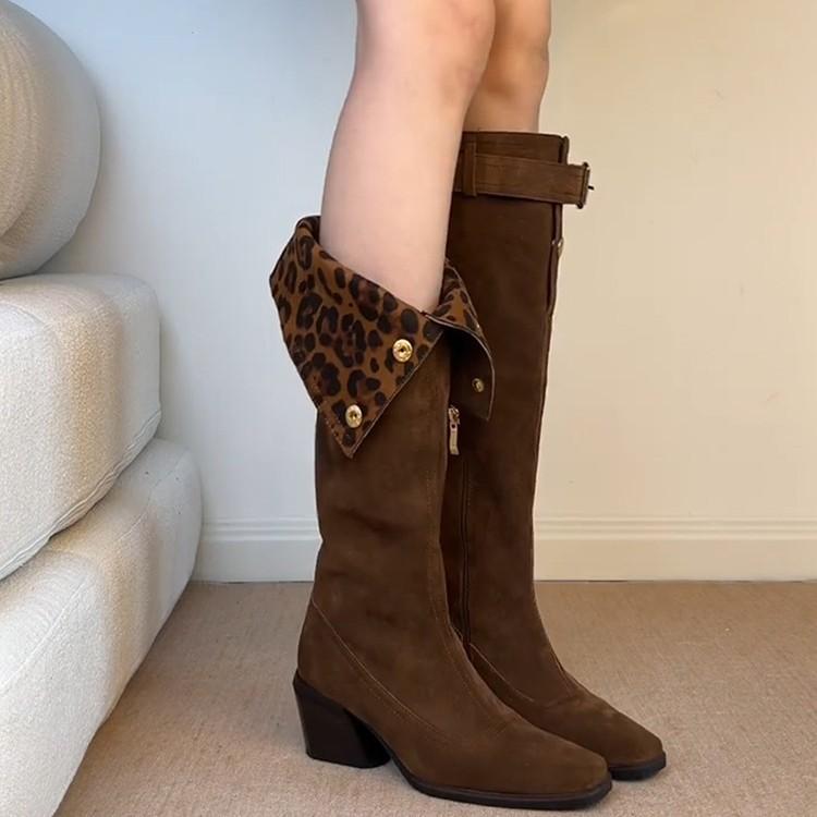 Retro Fold Two Wear Tall Pile Boots Belt Buckle Thick Heel Western Knight Boots Women's High Heel But Knee Boots