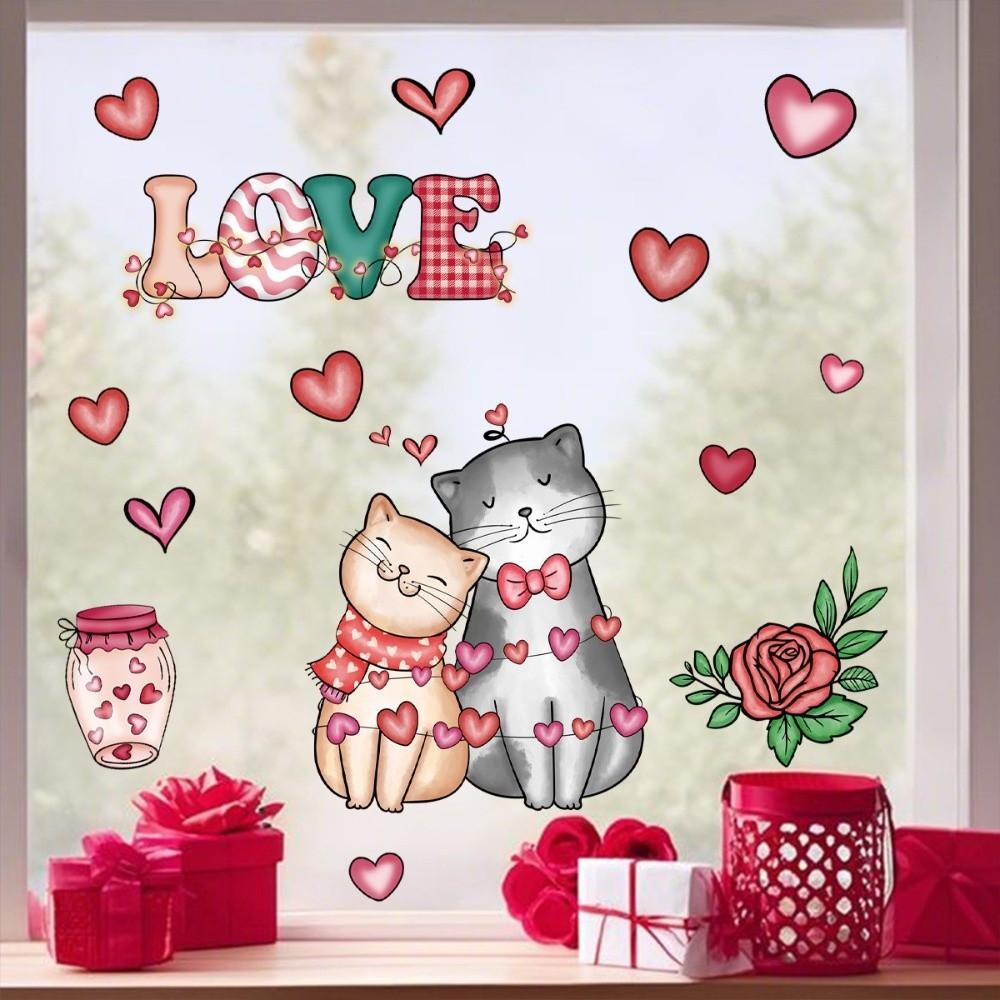 PVC Valentine's Day Window Stickers Animals Cats Bears Mice Love Heart Window Decals  Decorations