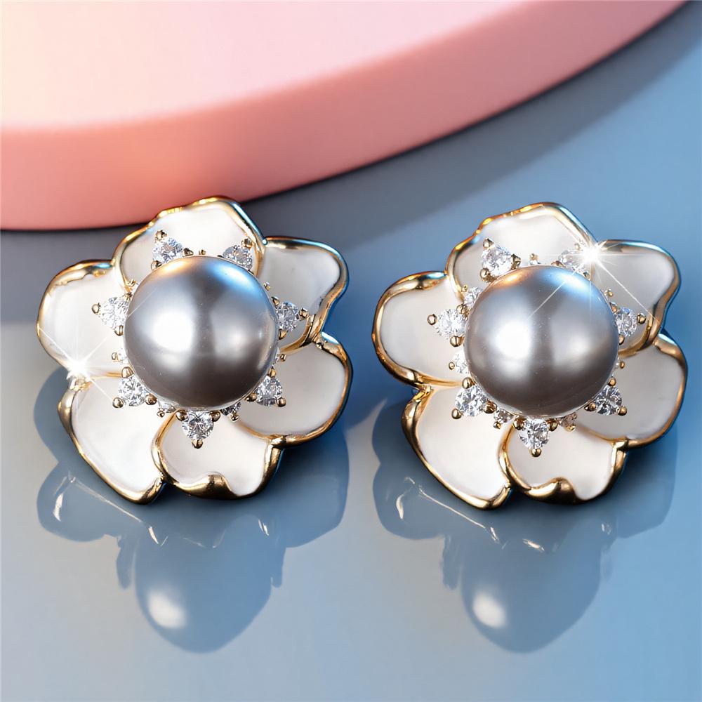 Cute Female White Crystal Gray Pearl Enamel Gold Color Flower Stud Earrings Lovely Bridal Wedding  For Women