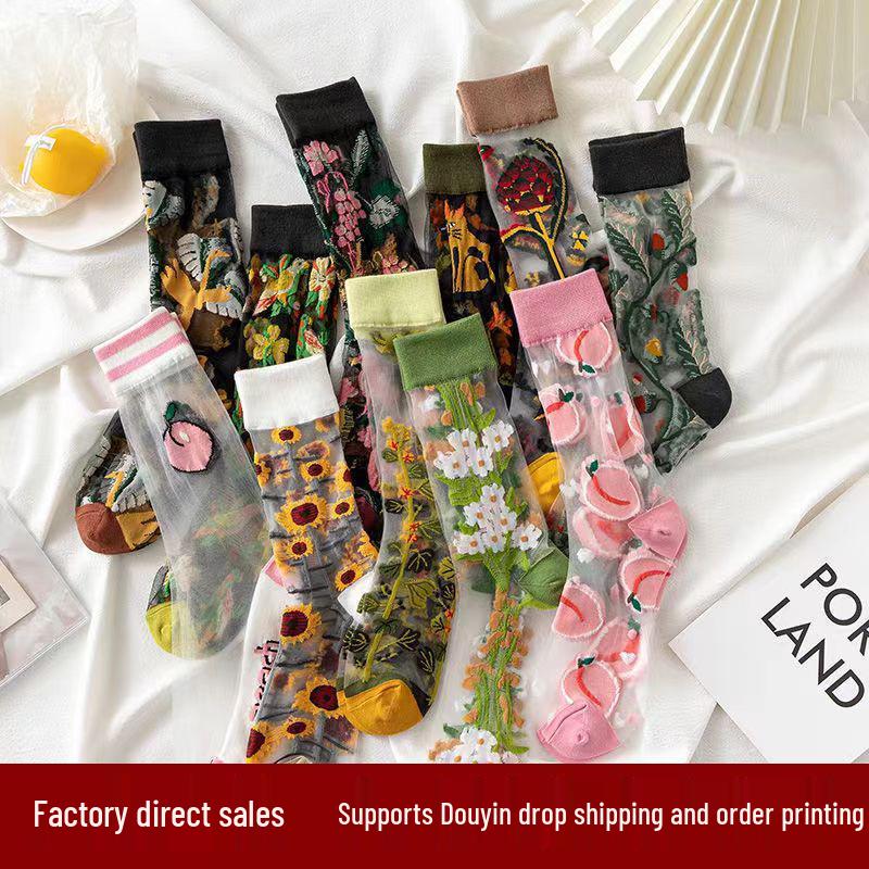 Spring/Summer Women's Floral Mori Girl Thin Mid-Calf Socks - European & American Style