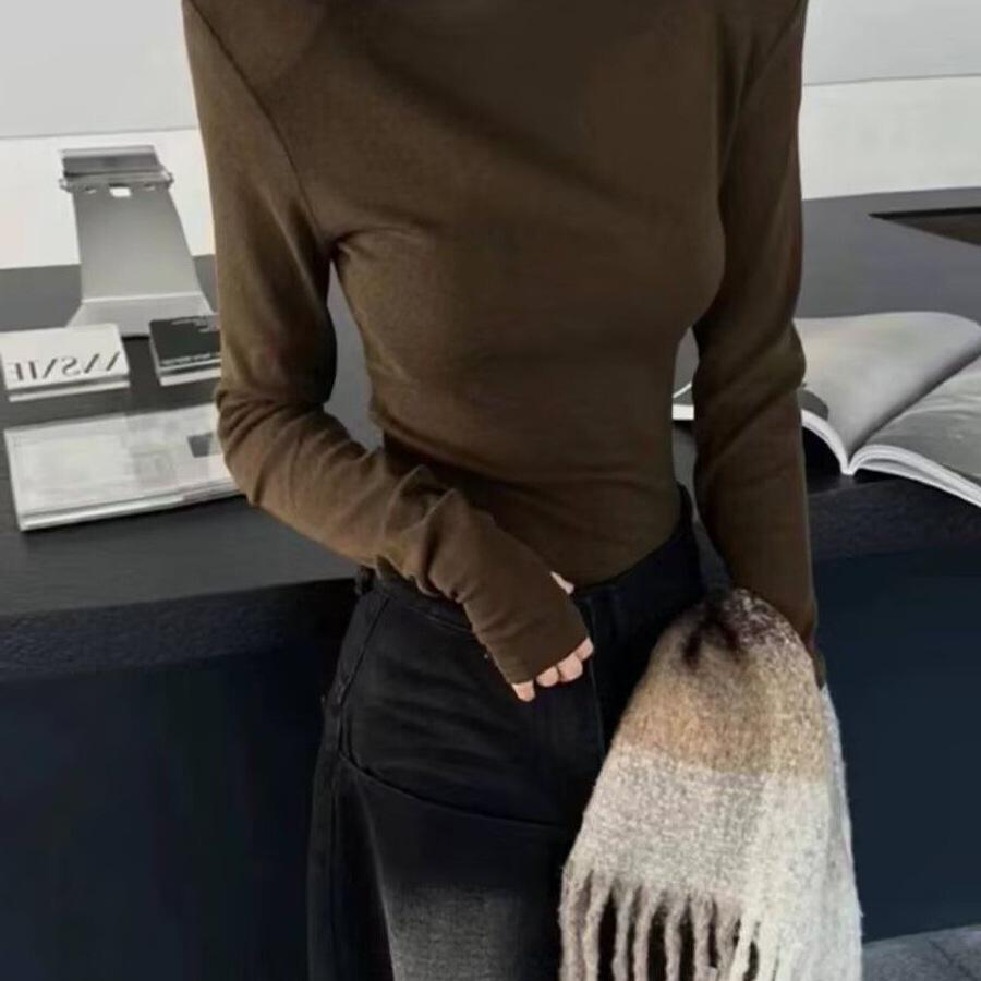 Women's White High-Neck Velvet Long Sleeve T-Shirt with Padded Shoulders - Slim Fit for Autumn/Winter 2025