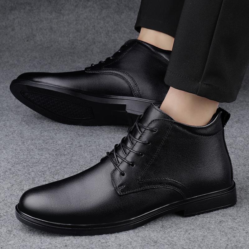 Fashion Genuine Leather Men's Boots Casual High Top Shoes Classic Male Motorcycle Boots Leisure Walk Botas Comfy Business Walking Shoes