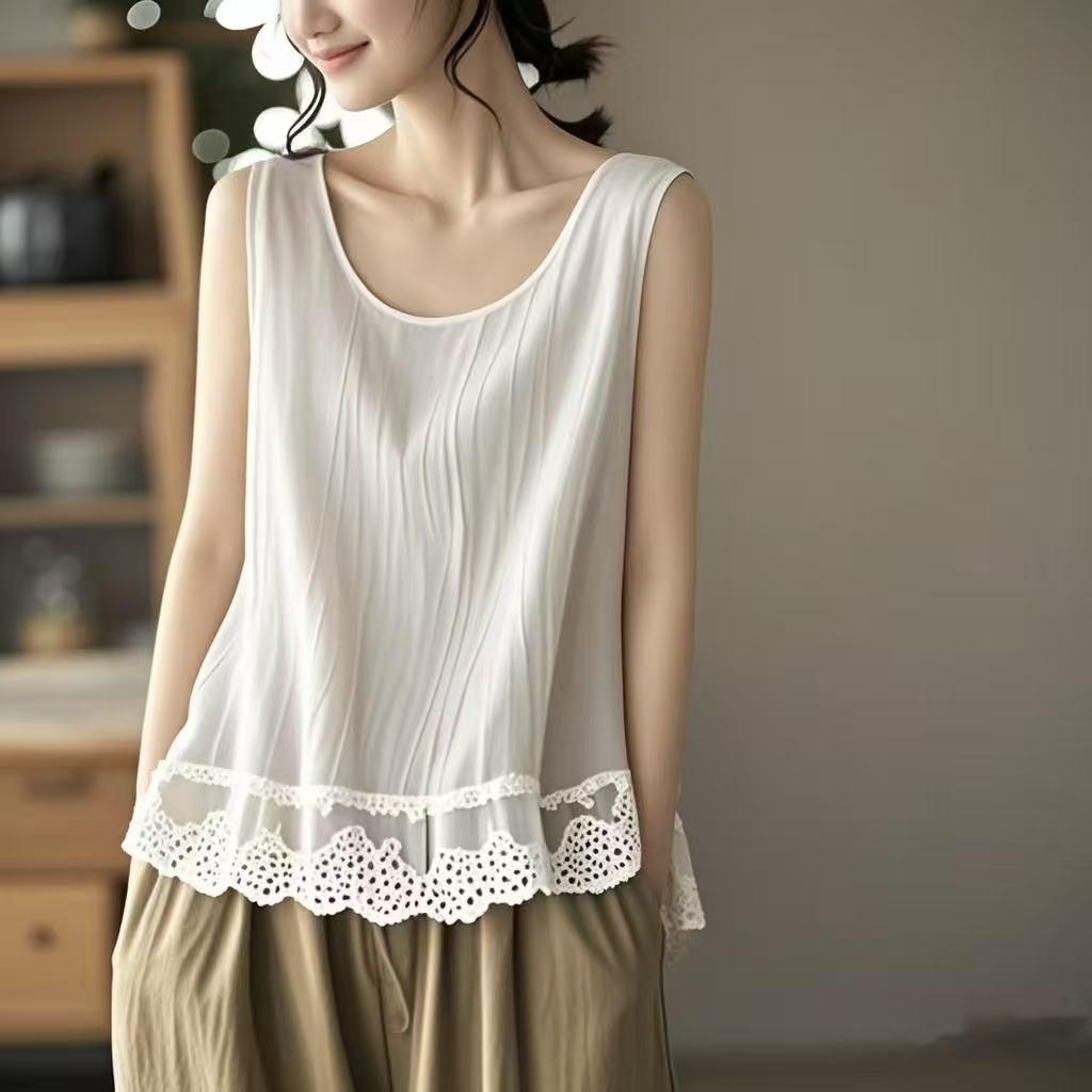 Women's Plus Size Cotton Linen Lace Hem Camisole Vest (2026 Spring/Summer) - Tummy Covering Sleeveless Top