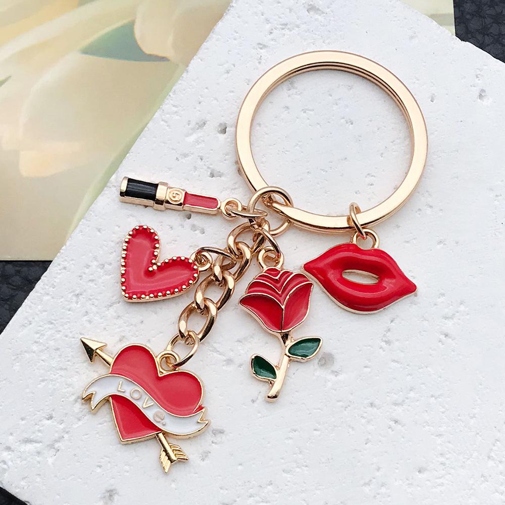 Red Cartoon Lips & Rose Heart Keychain Pendant