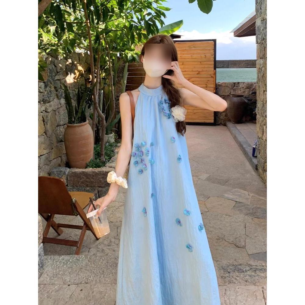 Blue three-dimensional flower neck dress women's summer gentle wind sweet first love dress temperament super fairy sleeveless holiday dress