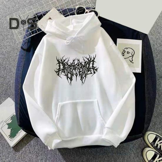Fall Winter Unisex Hoodie Drawstring Elastic Cuff Thorn Print Thick Fleece Patch Pocket Loose Long Sleeves Pullover Warm Top