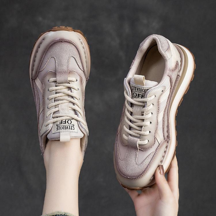 Johnature Genuine Leather Sneakers Casual Sports Shoes Round Toe Lacd-up Retro Versatile Women's Flat Shoes