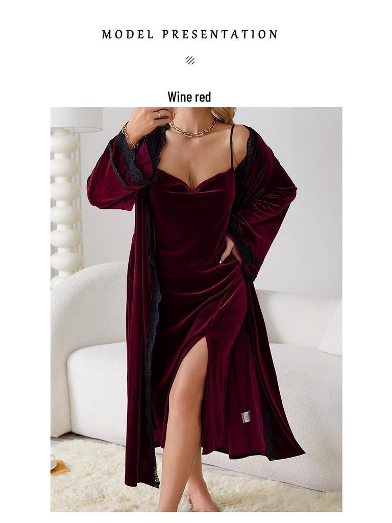 Fiyun Elegant Velvet Nightgown with Sexy Slit and Backless Design - European & American Style Home Set 651