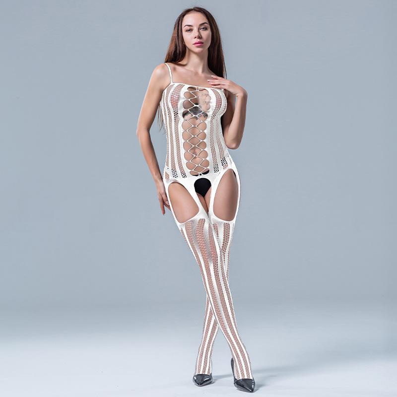 Hot Sale: Vertical Stripe Mesh Dress with Suspender Chest Wrap, Hollow Socks, and Open Crotch Pajamas.