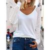 Fashion See-through Striped Long Sleeve T-Shirt Female Autumn Loose V Neck Pullover Tops Women Solid Color Casual Commuter Tees