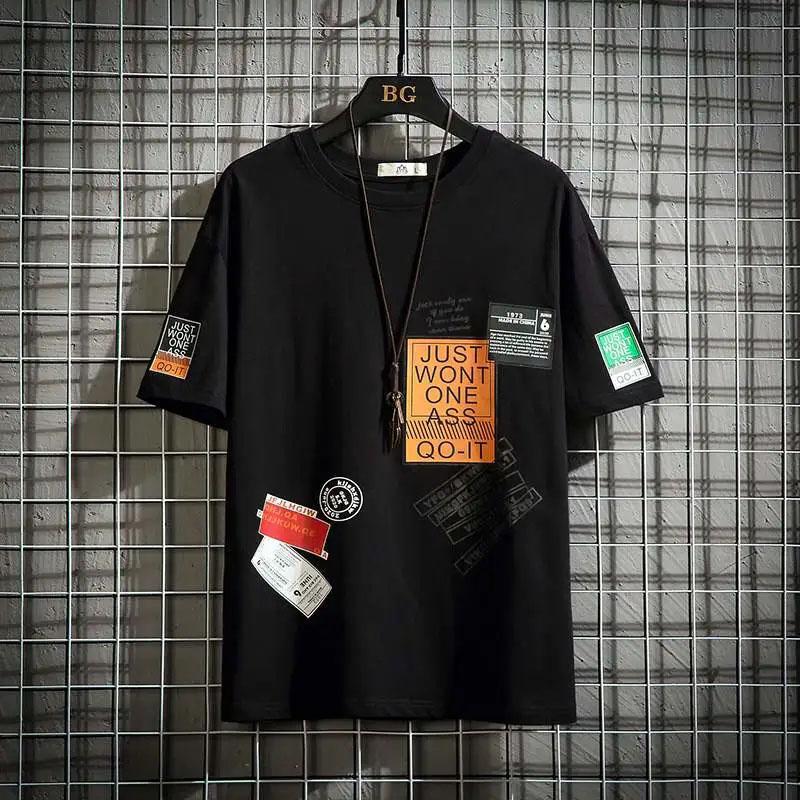 

Мужская свободная футболка с короткими рукавами, свободная верхняя одежда большого размера, брендовая летняя повседневная футболка с короткими рукавами и принтом Tide S чёрный