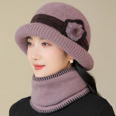 Scarf, Hat Sets Middle Aged Elderly Women's Woolen Hat Ear Protection Warm Knit Basin Hat Western Style Rolled Edge with Velvet Grandmother Hat
