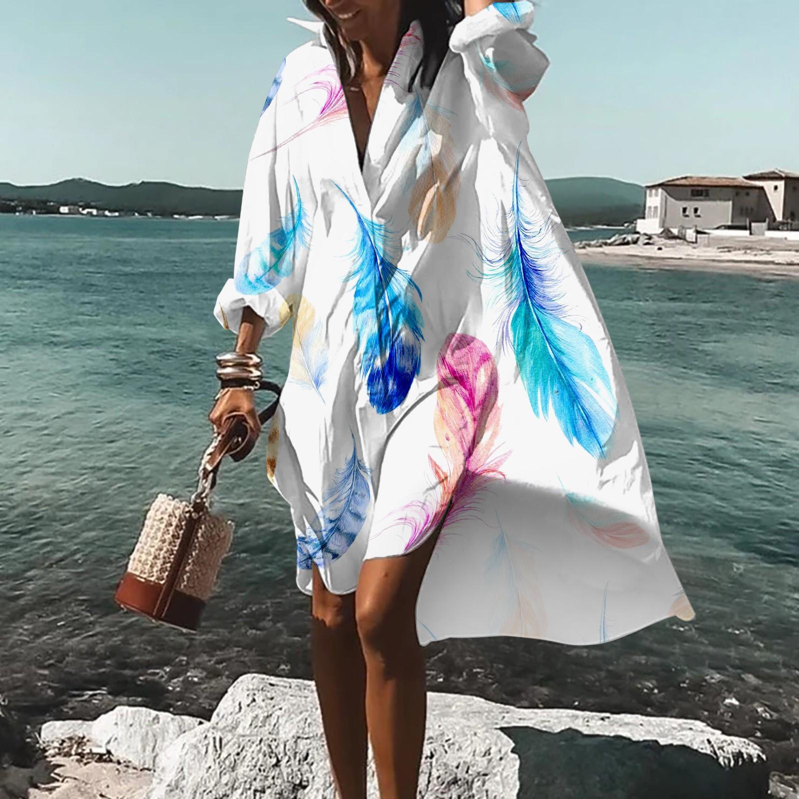 

Женское летнее богемное платье, повседневное платье-рубашка с принтом для женщин, модное пляжное гавайское платье с длинным рукавом, Клубная одежда на пуговицах L синий