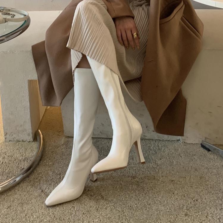 ins niche design! Show long legs! Korean square head high elastic boots, super high heel but knee thin boots