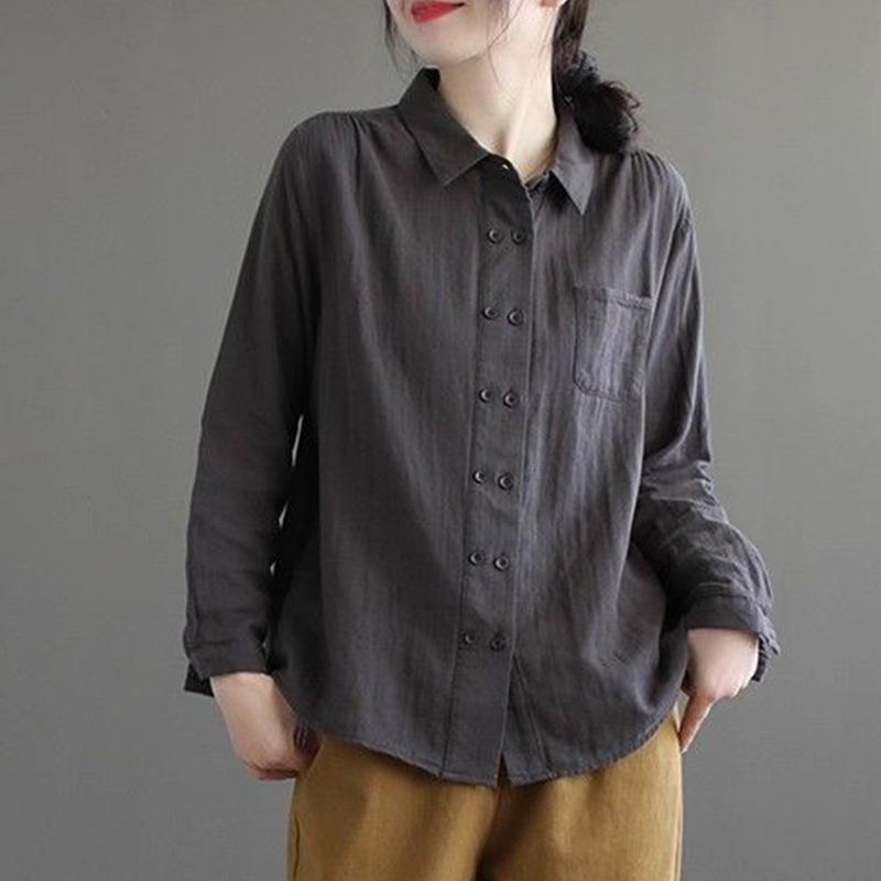 Korean Style Double-Breasted Women's Shirt, Polo Collar, Cotton Linen, Long Sleeve, Loose Fit, Perfect for Spring/Autumn