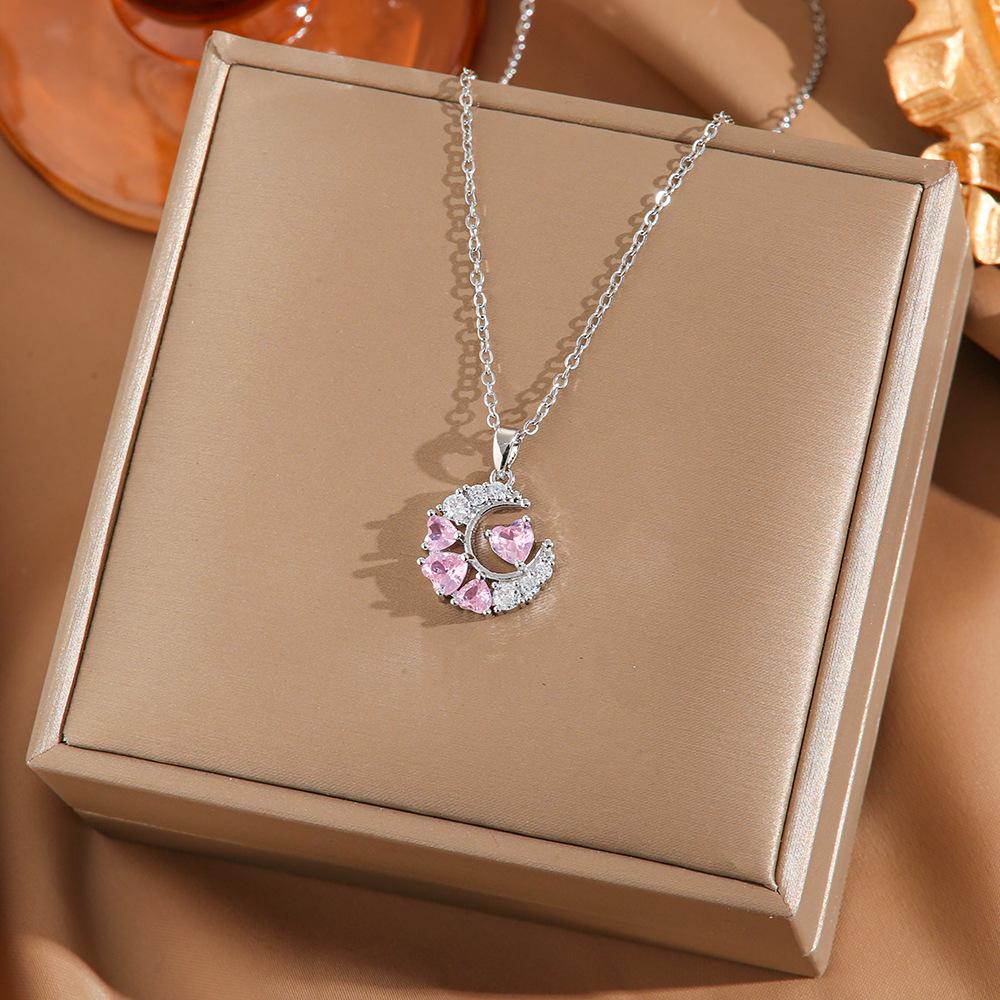 [Micro-Set Pink Zircon Titanium Steel Necklace Sweet Light Luxury Fashion Choker Jewelry]