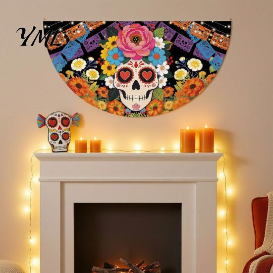 Durable Polyester Bunting Day of The Dead Skull Banner, Marigold Print Fiesta Decorative Wall Hanging Flag, Colorful Sugar Outdoor Yard Party