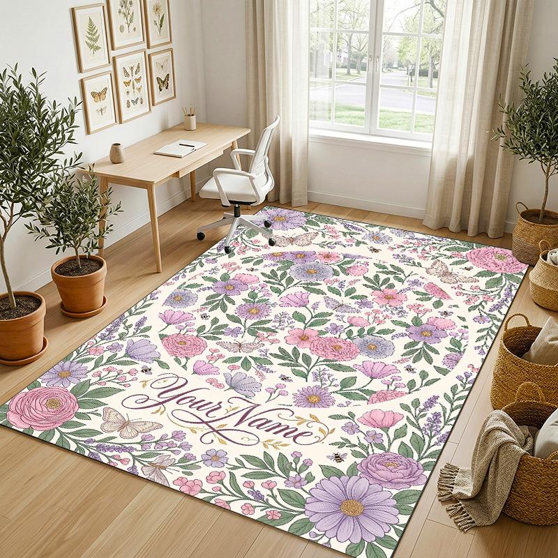 Floral Fantasy Theme Soft Crystal Velvet Rug Custom Name & Text Print Non Slip Floor Rug for Bedroom Living Room