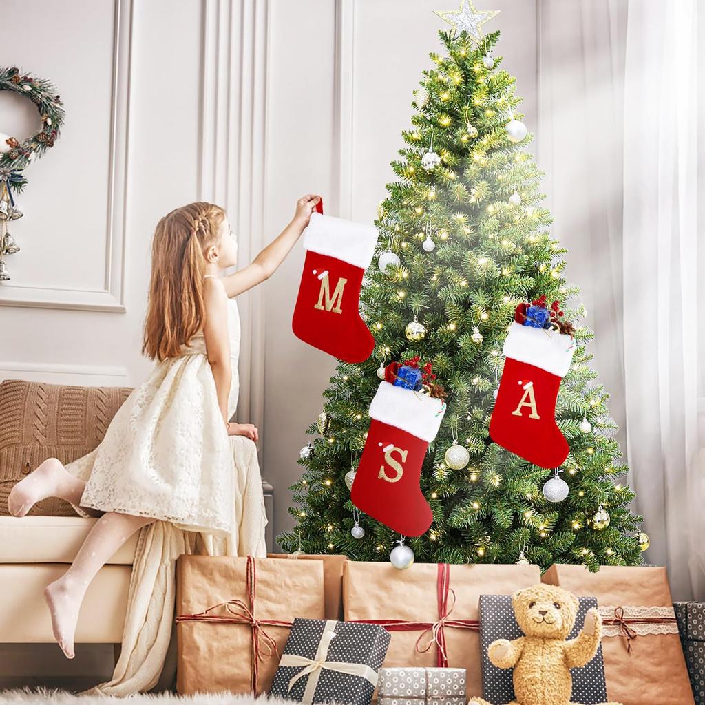 20 Inches Monogram Christmas Stockings with Letters, Large Super Soft Christmas Stockings Red Velvet with White Super Soft Plush Cuff for Christmas