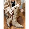 Cowhide version~ retro thick heel knight boots women's matte suede western boots belt buckle pointed high boots long boots