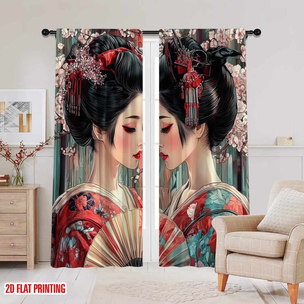 2 Stück, 2D-Flachdruckmuster Vorhänge Geisha Zwillinge Strapazierfähiges Polyester (ohne Stange) Festlich für verschiedene Räume, Zeitgenössisch