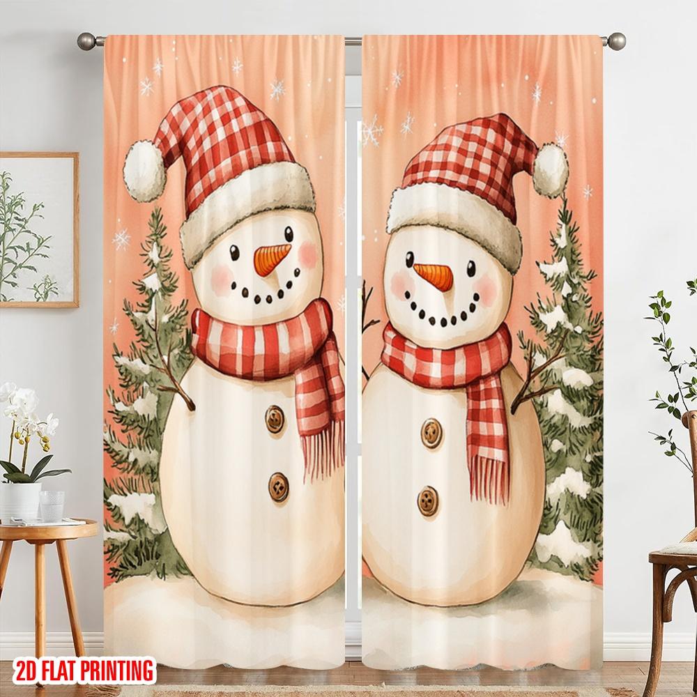 2pcs,2D Plane Printing Popular Curtain Panels Cute Snowmen Christmas Watercolor Versatile Durable Polyester (without Rod) Gifts