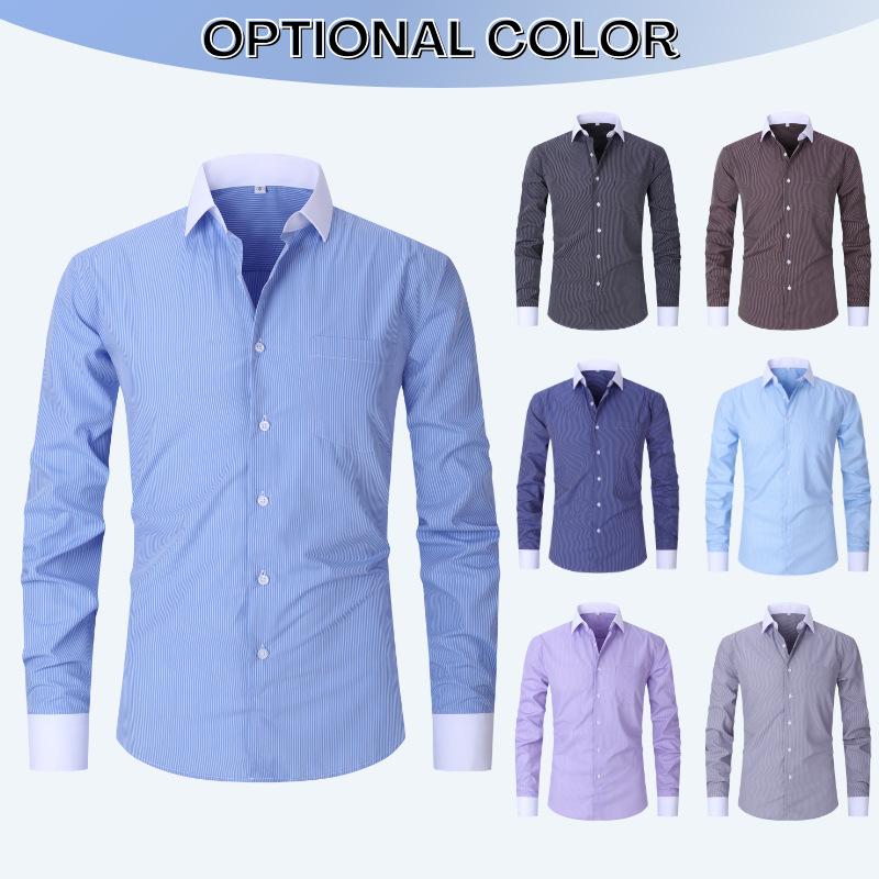 Men's Pocketed Striped Shirt: Business Commute, Crease-Resistant, Long-Sleeved, Plus Size