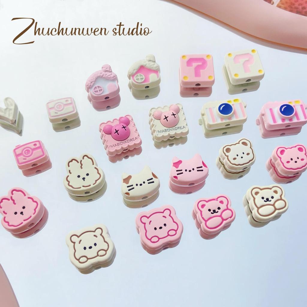 Pink White Bunny Bear Camera Cat Alloy Beaded Charm Bracelet/Necklace Accessories