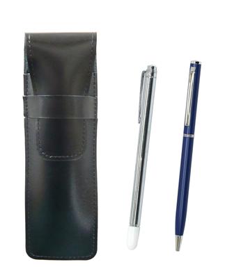 Slim Cowhide Pen Case Metal Pointer and Slim Rotating Ballpoint Pen Set (black) (blue) ASB-701S-PD04-L