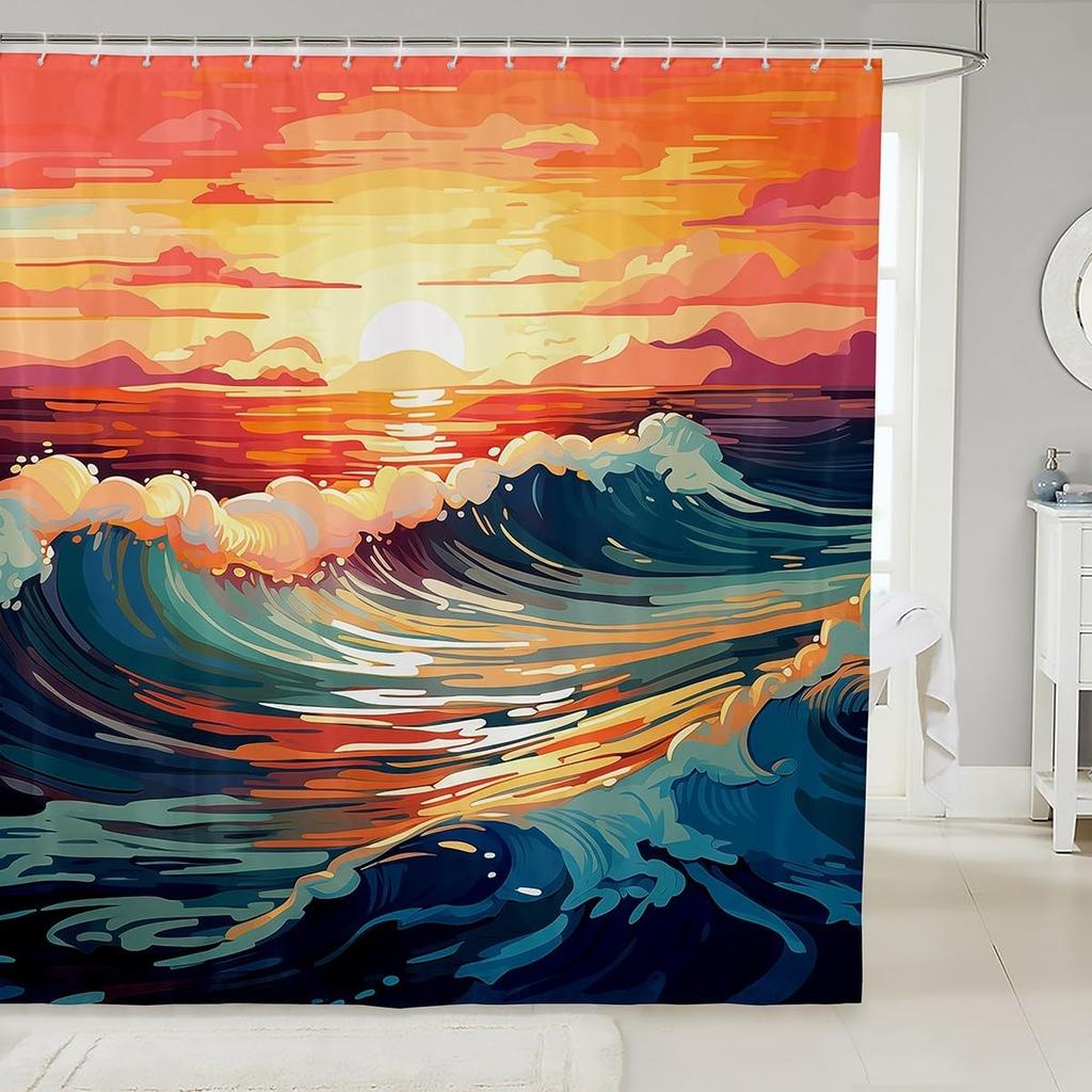 Japanese Style Shower Curtain,Red Cherry Blossom Bathroom Curtain,Mount Fuji Train Print Waterproof Curtain Kids Girls Teens