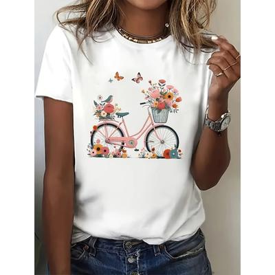 Europese Maat Dames Casual T-shirt met Korte Mouwen - Bloemenfiets & Vlinderprint, Ronde Hals Zomer Top, Dames T-shirts, Vrijetijdskleding