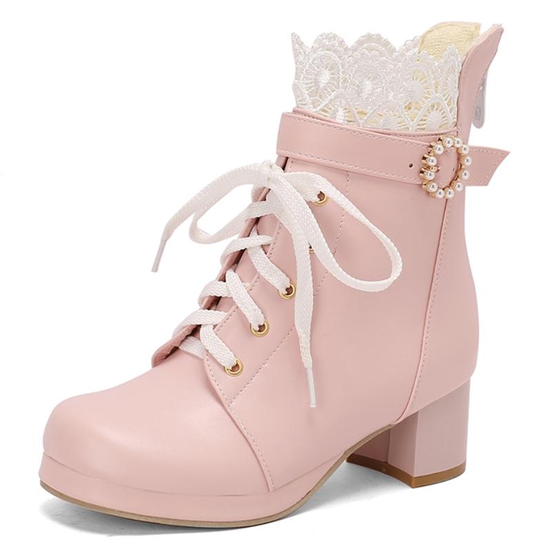 

Белые ботильоны для женщин Осень Зима 2024 Черные Розовые Короткие Ботинки Низкий Каблук Обувь Сладкие Лолиты Девушки Водонепроницаемые Большой Размер 39 розовый