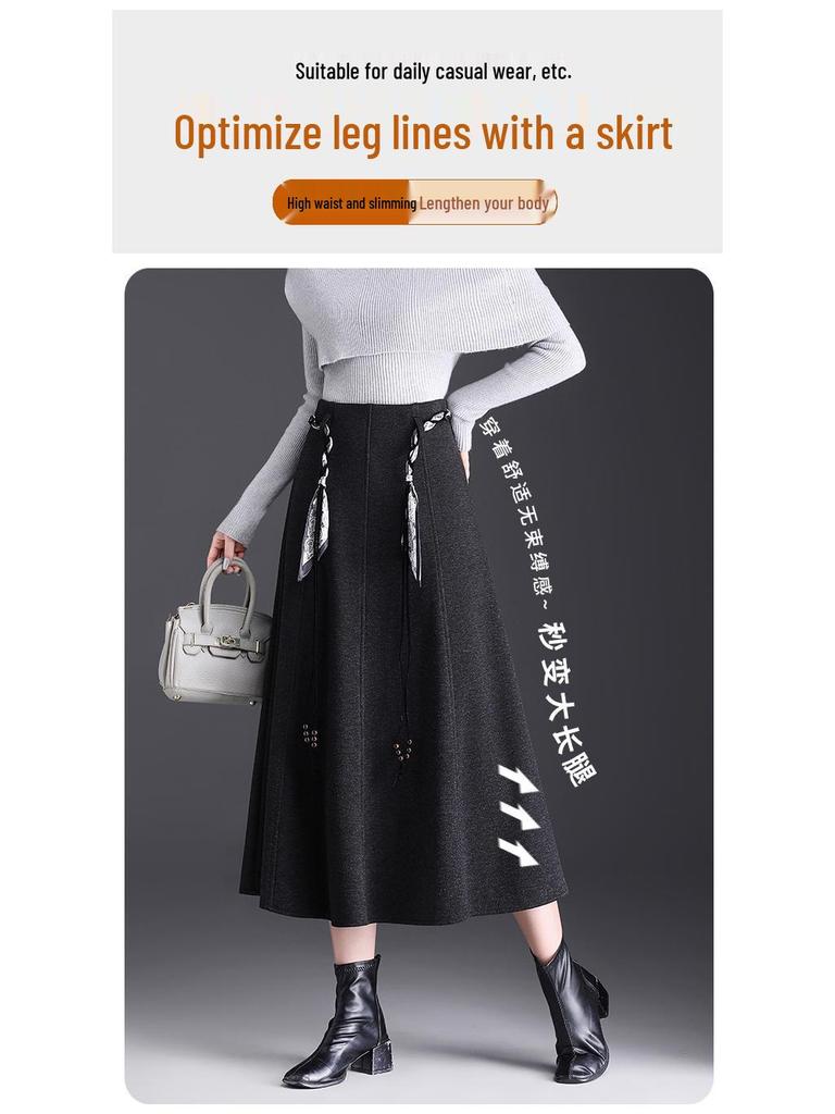 Winter 2025 High-Waisted A-Line Wool Skirt with Thick Hem - Mid-Length Slimming Casual Design