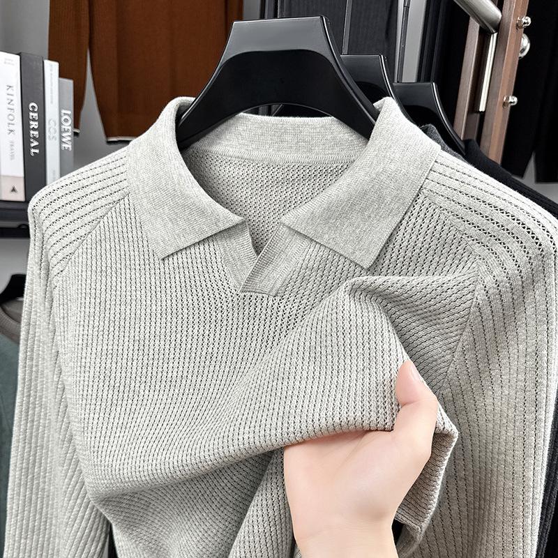 Pure Cotton Long-Sleeve Knit Polo Shirt For Men, Spring/Autumn Trendy Versatile Scissor Collar Base Layer, Elegant Top
