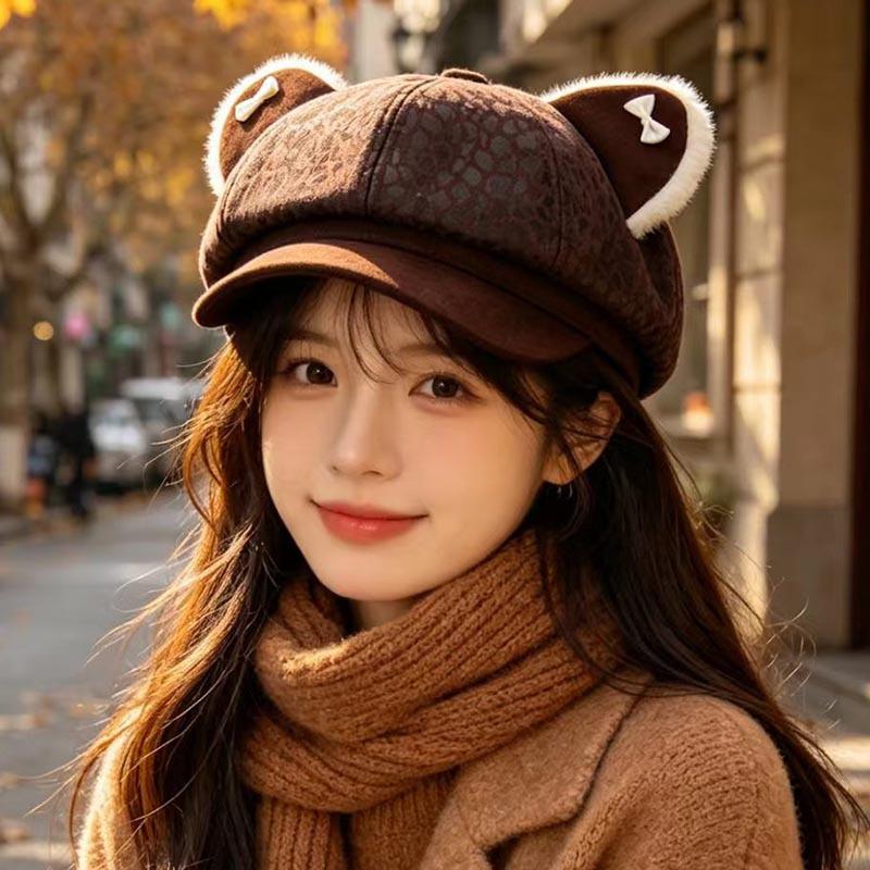 Autumn and winter new cute leopard print cat ears octagonal hat Spice girl fashion newsboy hat women warm duck tongue beret tide