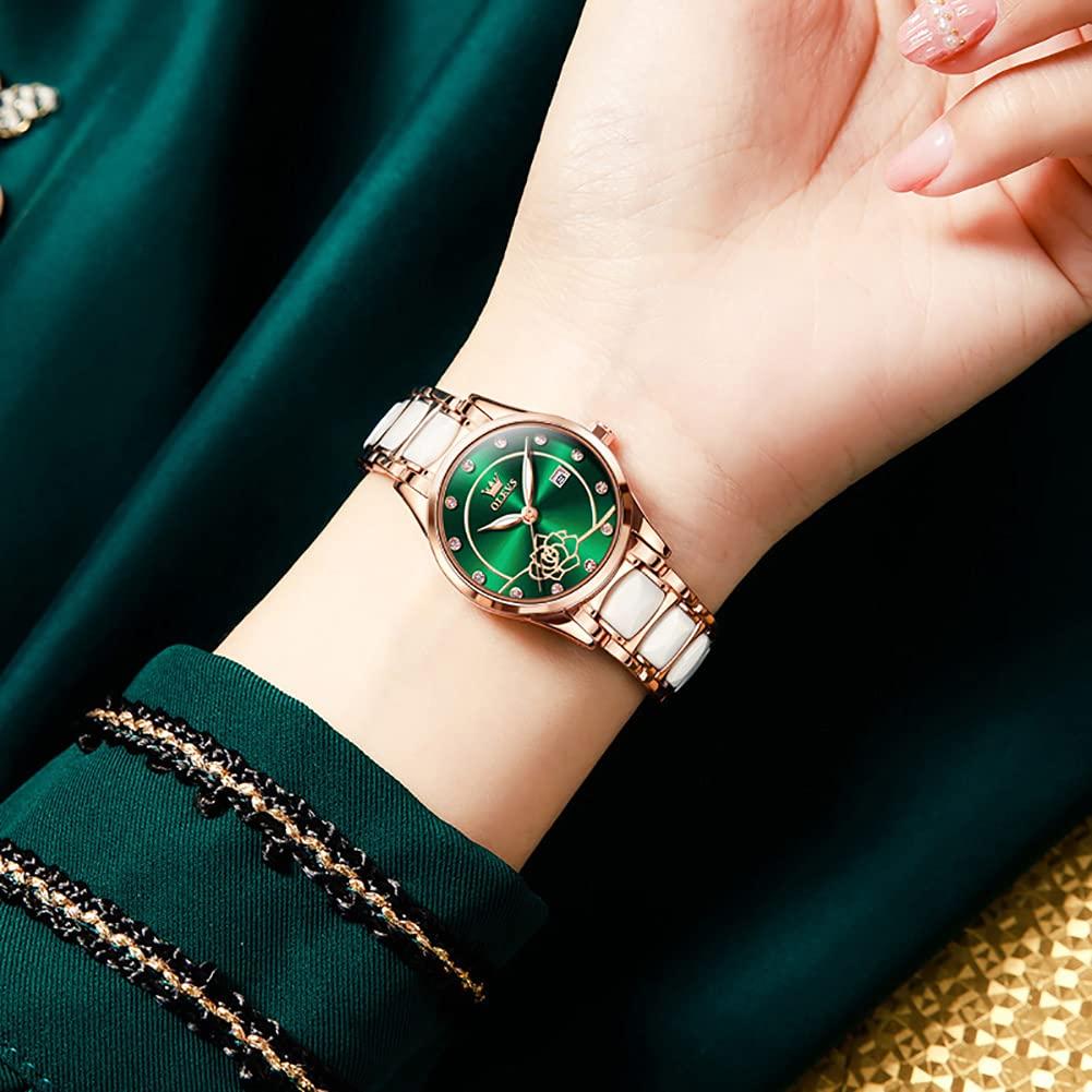 OLEVS Floral Easy To Pink Japanese Bracelet Green Women's Clock, Cute, Green, Pattern, See, Beautiful, Gold, Popular, Waterproof, Luminous, Movement,