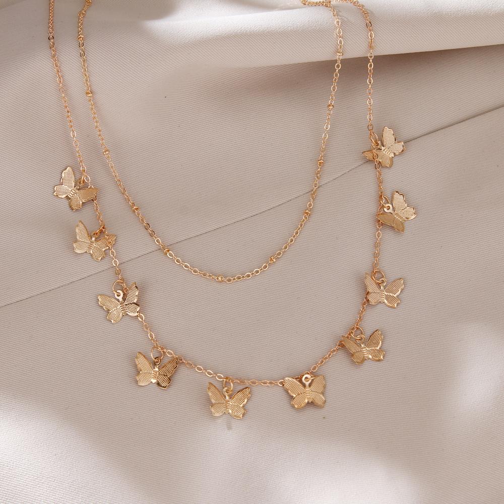 Necklace Retro Style Multi-layer Gold Necklace Women's Fashion Butterfly Round  Pendant Necklace Jewelry