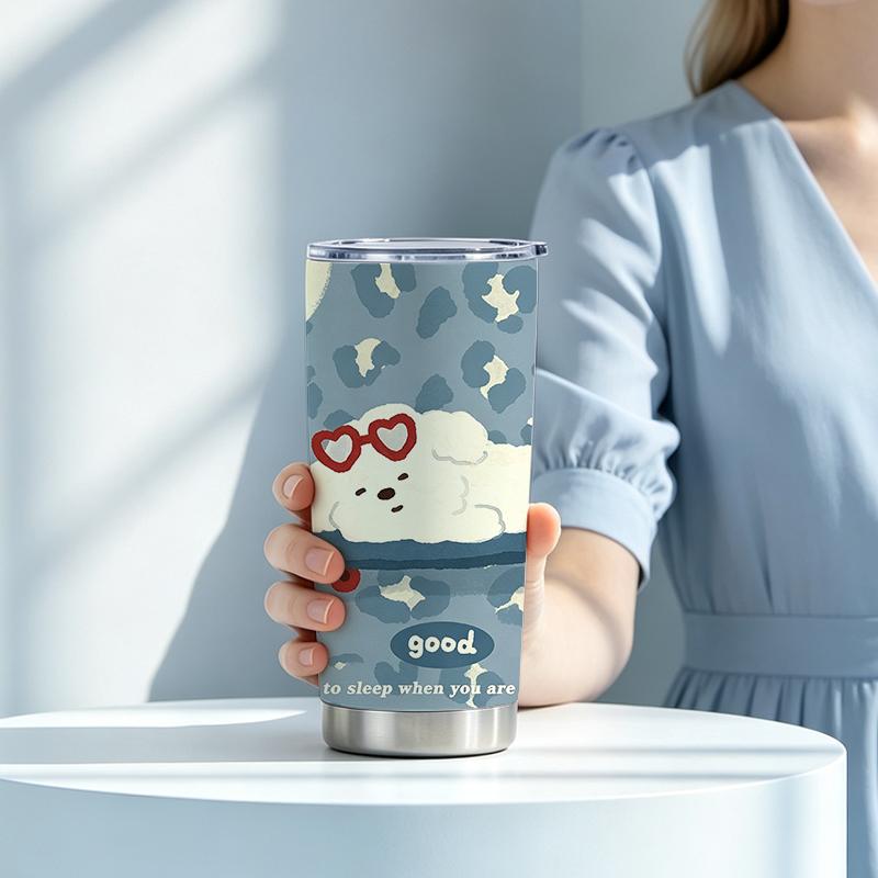 591ml Car Tumbler(1 Random Straw Included)Skateboard White Dog Healing MotifCreative Gift Cup Straight Travel Mug Large Iced Cup 591ml Car Tumbler