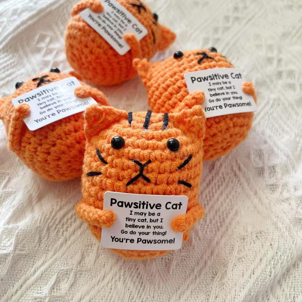 Positive Energy Cat Hug Pocket Doll Mini Handmade Plush Wool Knitting Doll With Card Funny Christams Gift Home Room Decoration