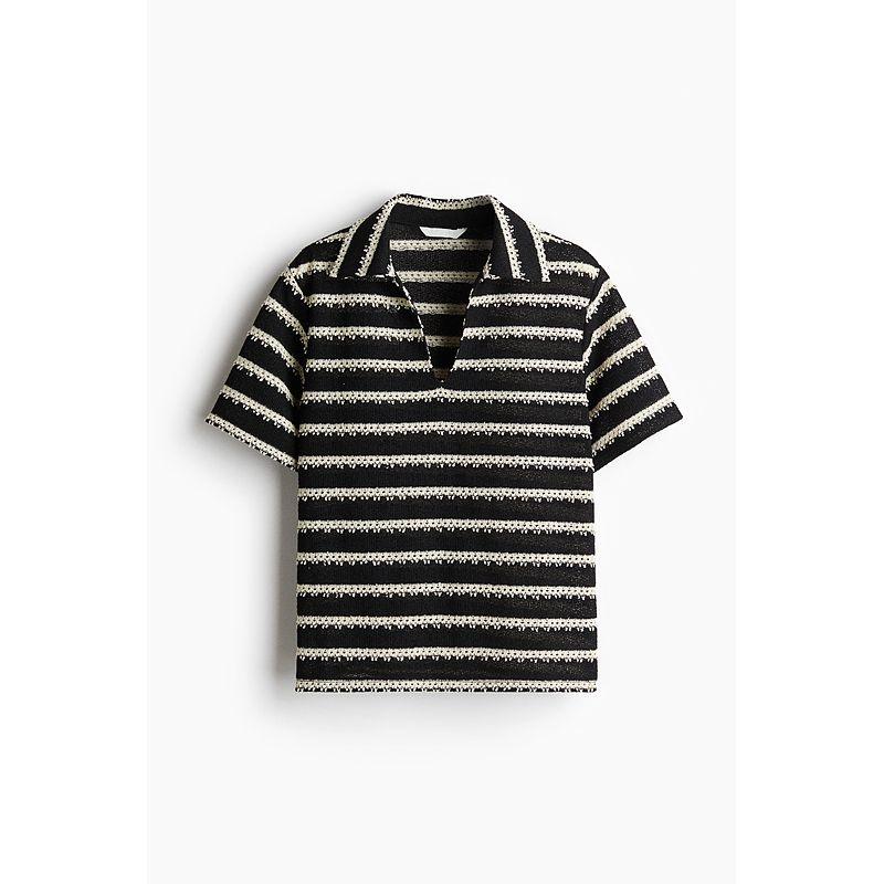 

HM Women s Shirt 2025 Summer New Arrival Loose Knitting Seagull Collar Stripes Shirt Short Sleeve Tops 1294674