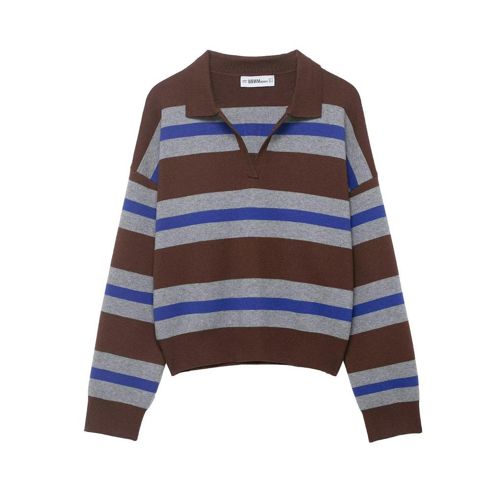 Spring 2026 Women's European & American Striped Lapel Knit Pullover Sweater