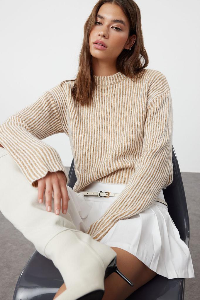 Women's Elegance Style Sweater Anthracite Crop Soft Textured Crew Neck Knitwear Sweater