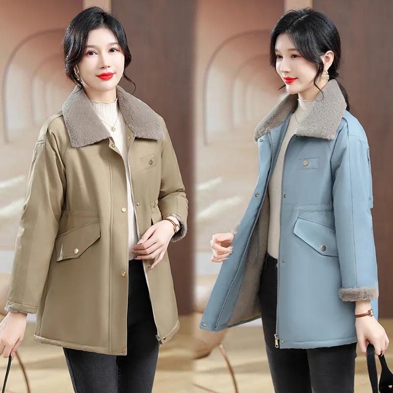 Parker Clothing Cotton Clothing Women's Winter Mid-length Ins Plus Velvet Thickened Loose Waist Casual Cotton Jacket