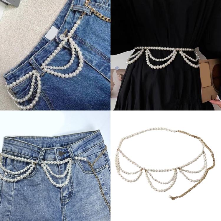 Classical Layered Imitation Pearls Belt Chain Lightweight Design Ideal Gift For Fashion Enthusiasts