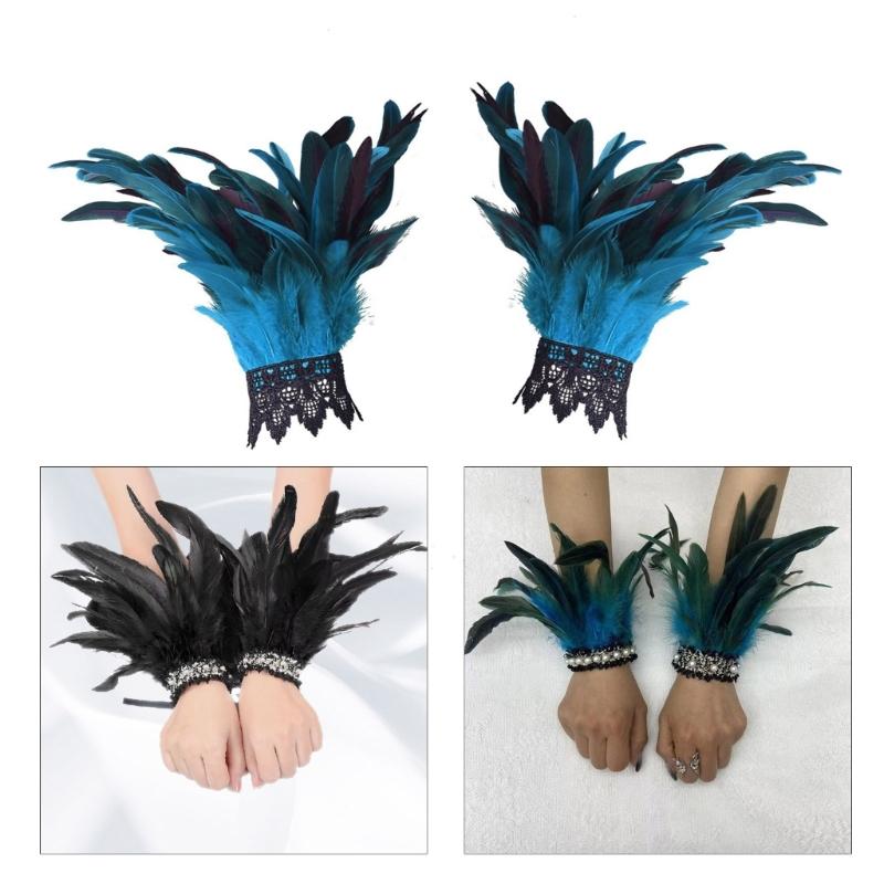Bridal Wrist Cuffswith Feather Bride Feathered Flower Elaborate Long Bachelorette Party Dark Lacework Bride Gloves