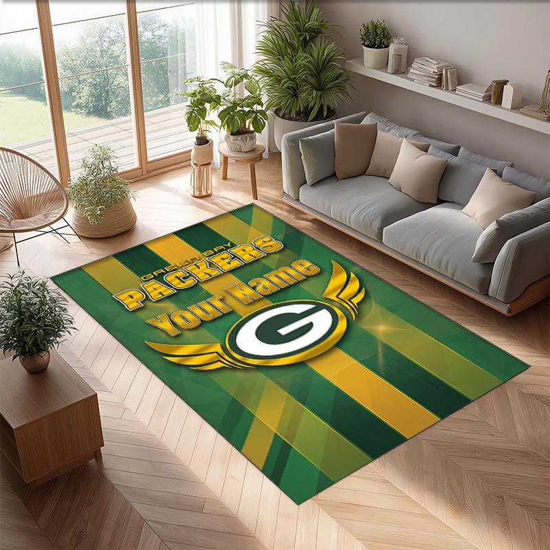 Green Bay Packers Crystal Velvet Rug, Custom Name Text Personalized Non‑Slip Floor Mat for Home Decor Gift