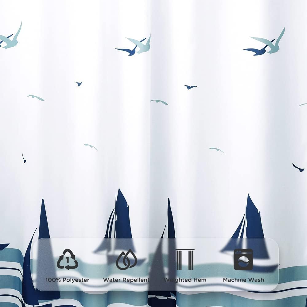 Xxuan Home 72 X 72 Fabric Shower Curtain for Bathroom, Nautical Coastal Waterproof Shower Curtain with Hooks, Sailboats