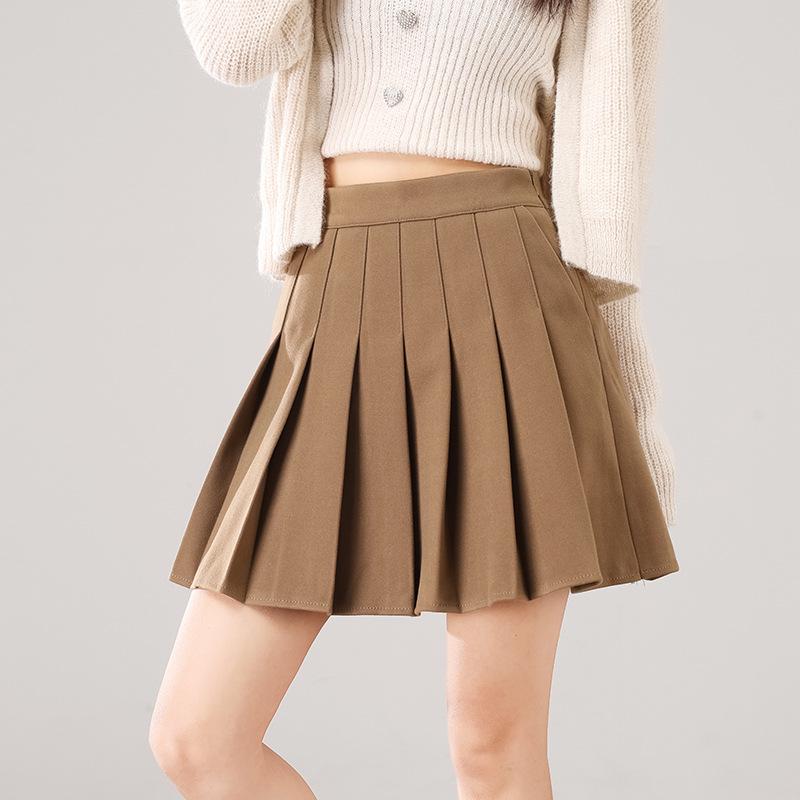 Khaki Vlněná A-line Skládaná Sukně s Vysokým Pasem pro Podzim Zimu - Dámská Krátká Sukně