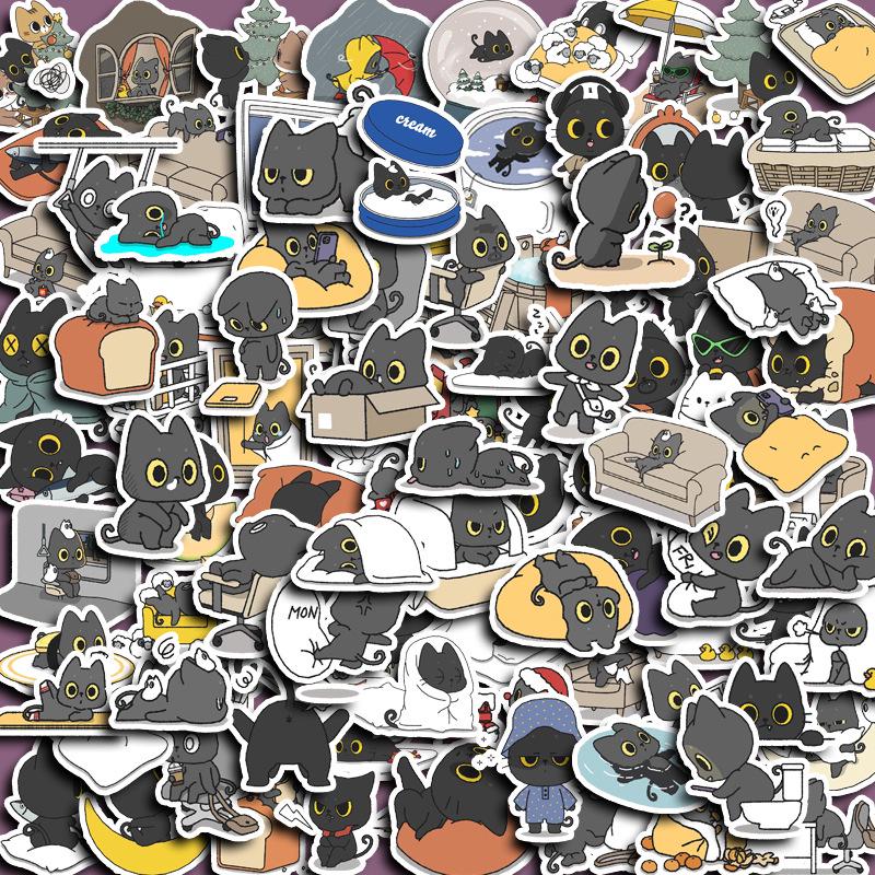 Black Kitten Cartoon Stickers - 100 Cute Meow Star Patterns for Phones