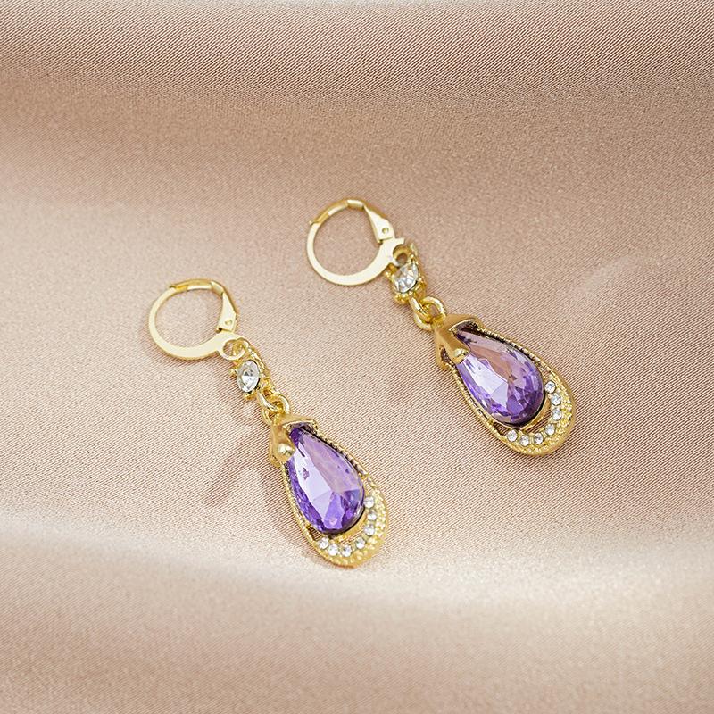 Trendy New Purple Water Drop Women's Dangle Earrings Green Crystal Pendants Gold Metal Ear Buckle Female Hanging Earrings